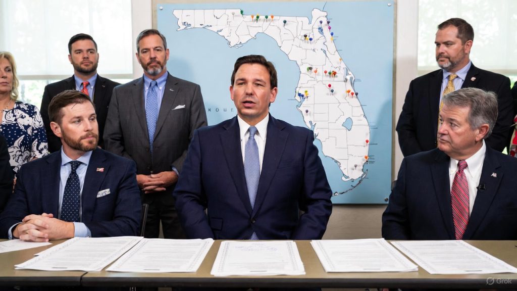 Florida Governor Ron DeSantis stands in a dimly lit war-room style setting, intensely plotting over a large wooden table covered with scattered 2026 ballot mock-ups, property tax amendment papers, and red-marked documents. Behind him, a detailed map of Florida is pinned to the wall with red strings and colored pins connecting various locations, evoking a strategic political conspiracy atmosphere. Dramatic cinematic lighting casts strong shadows, emphasizing the high-stakes tension of the scene. Landscape orientation, 16:9 ratio.