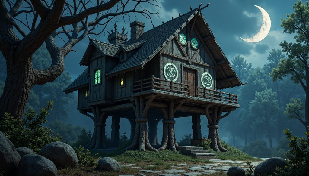 In a dark, mystical forest, Baba Yaga's enchanted hut stands on towering chicken legs, its wooden boards weathered to a silvery gray and adorned with intricate, glowing runes that pulse with a soft, ethereal light. The hut's roof is a tangle of twisted, gnarled branches, and a crescent moon shines brightly in the night sky above, casting an eerie glow over the scene. In the foreground, the hut's chicken legs, thick and gnarled, appear to be shifting and twitching as if alive, while in the background, dense foliage and twisted trees loom, shrouded in a veil of mist and shadow, evoking a sense of foreboding and ancient magic.