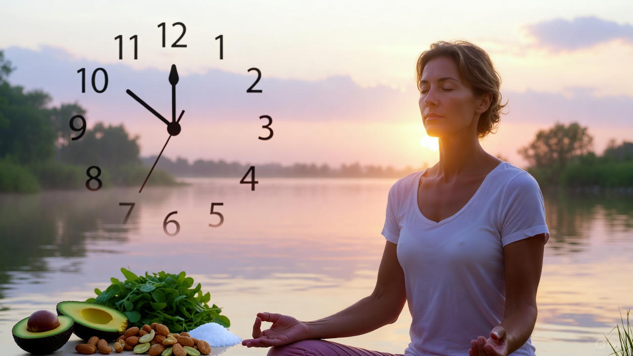 A serene woman meditates in lotus pose by a tranquil lake at sunrise, eyes closed and face calm. A large, semi-transparent clock overlays the sky showing a fasting window, while fresh avocado, leafy greens, almonds, and a small pile of sea salt rest in the foreground — symbolizing clean eating, intermittent fasting, and electrolyte balance. Soft golden light and gentle water ripples create a peaceful, mindful atmosphere.
